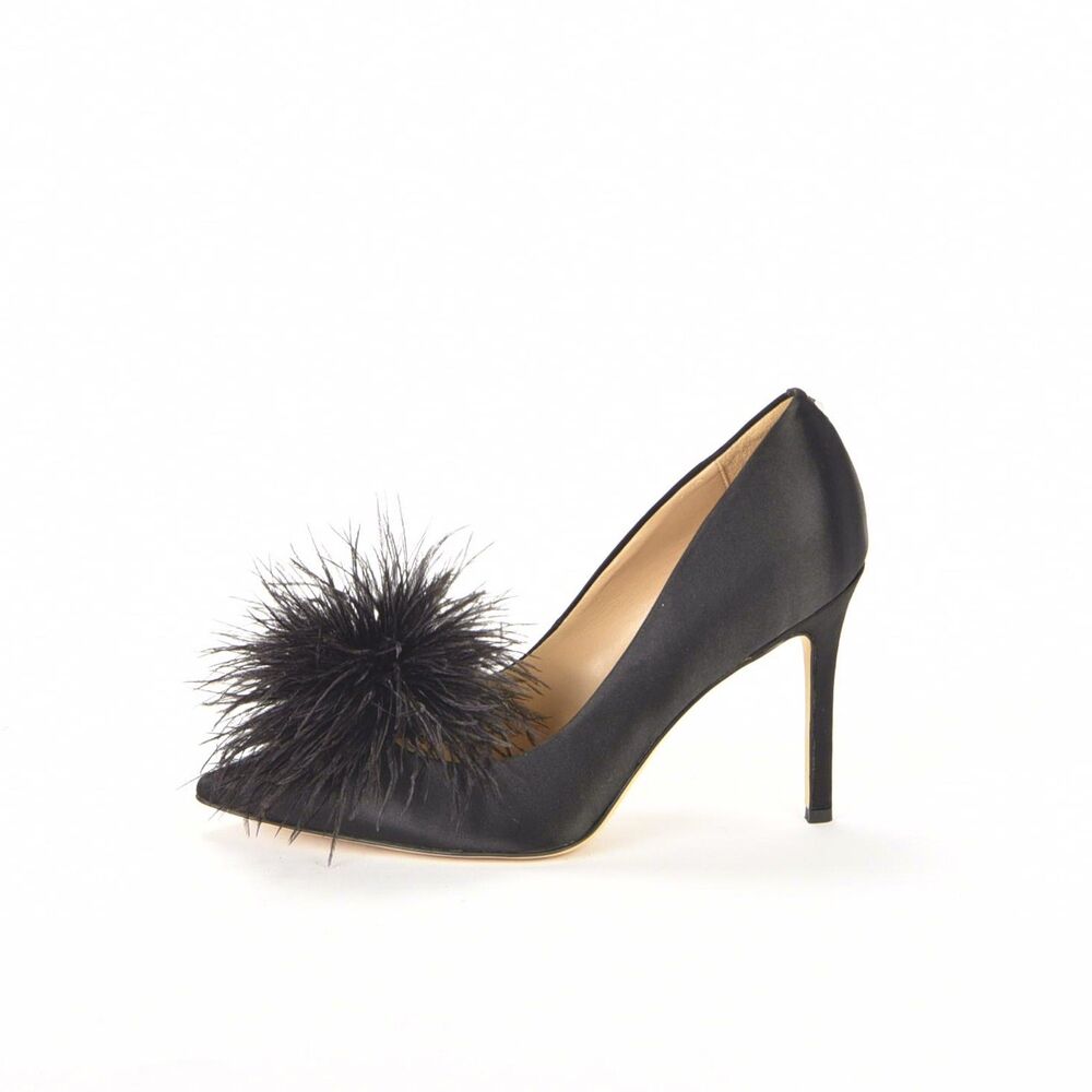 Sam Edelman Hazel Plush Black Silk Fabric Pointed Toe Feather Poof Pumps Size 8